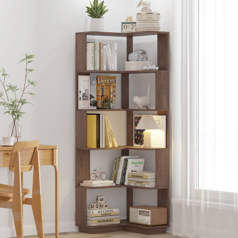 GDFStudio - Elysande Wood Corner Bookcase with 6-Tier Anti-Fall Design