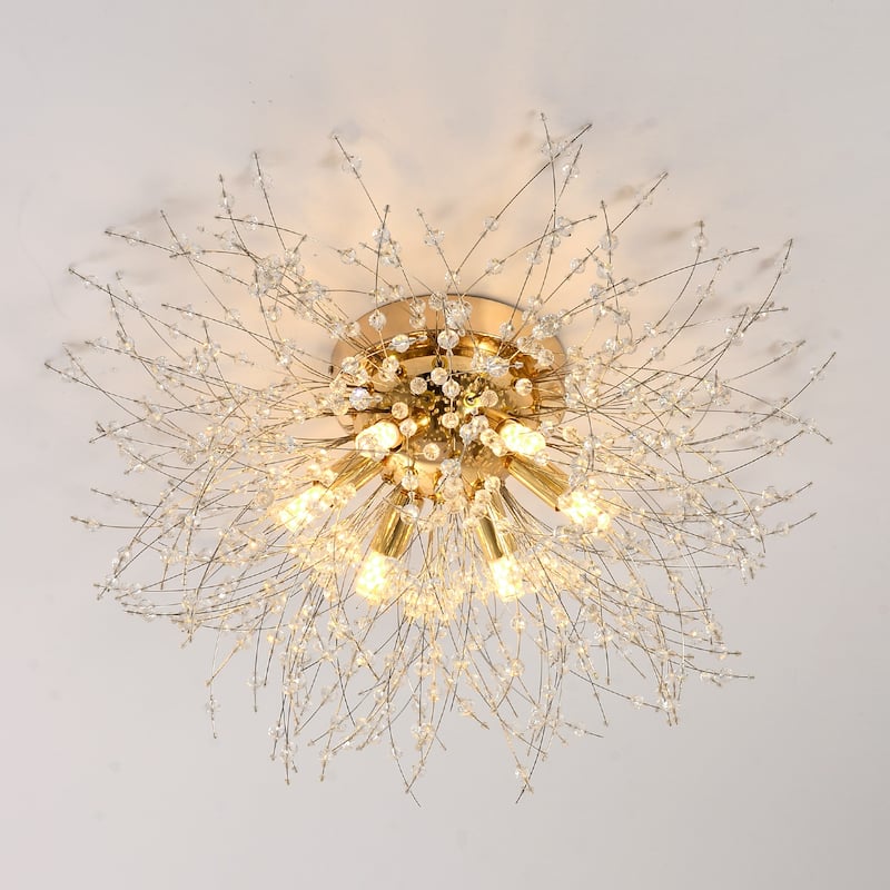 Crystal Flush Mount Ceiling Light, Modern Sputnik Firework Close to Ceiling Lamp - Golden + Crystal - 19.7 - Golden + Crystal