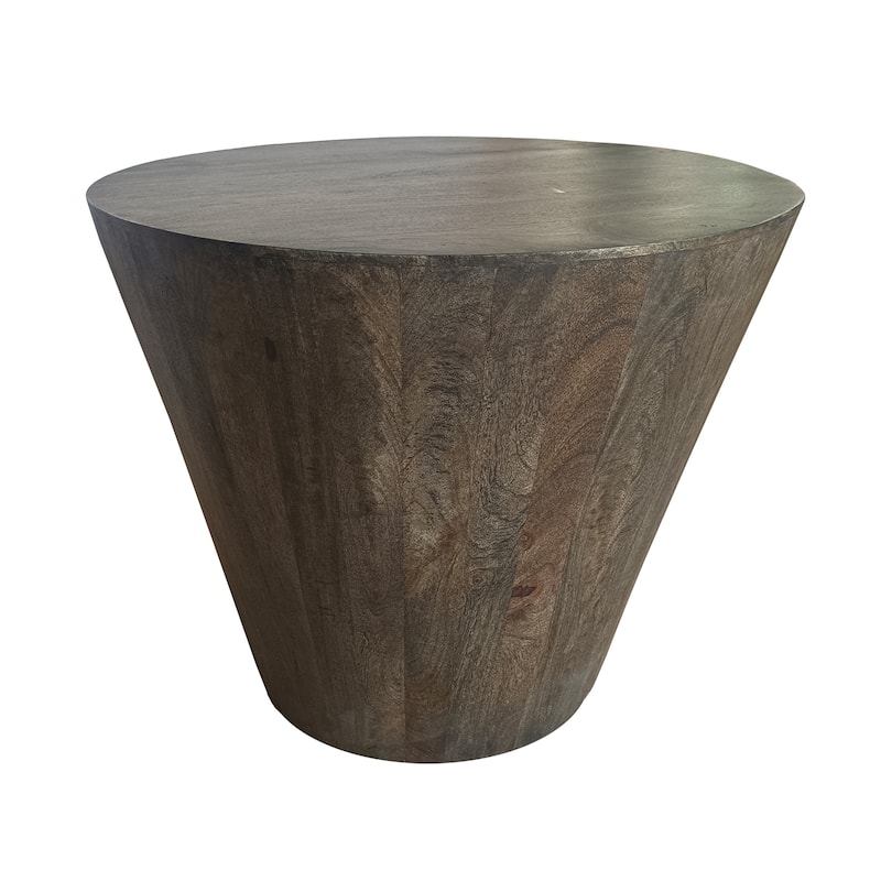 24 Inch Side End Table Round Drum Shape Handcrafted, Distressed Gray, Mango Wood
