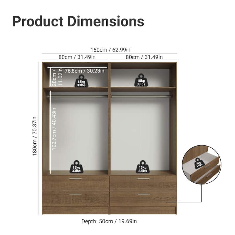 Madesa 4 Doors 4 Drawers Wardrobe With Hanging Space 63"L