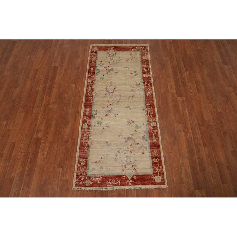 Hand Knotted Oriental 100% Wool Carpet Traditional Floral Beige & Ivories Art Deco Area Rug - 6' 1'' X 2' 7''
