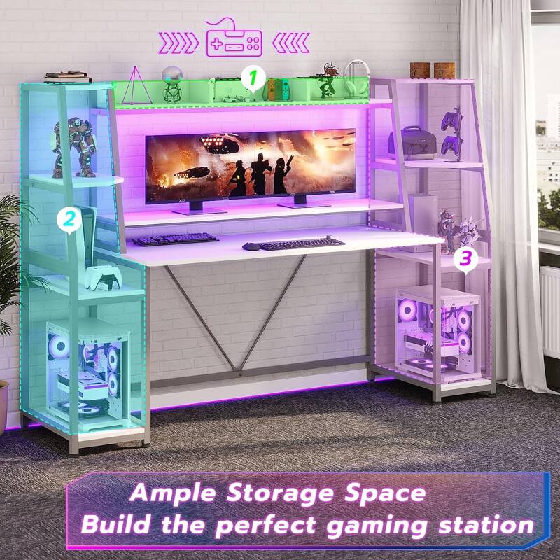 Gaming Desk LED Lights Hutch and Storage Shelves PC Gamer Desk
