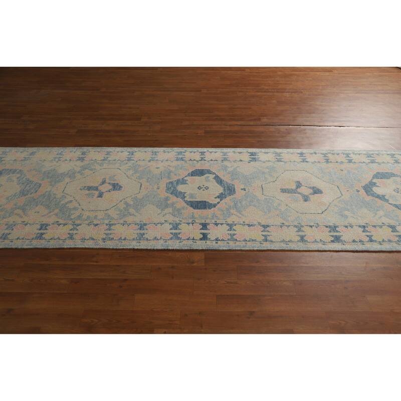 Hand Knotted Oriental 100% Wool Carpet Transitional Geometric Navy Blue & Blues Oushak Runner Rug - 11' 4'' X 3' 5''