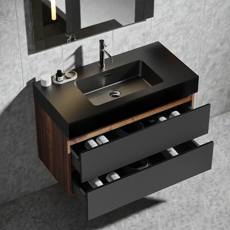 36" Walnut Floating Bathroom Vanity with Matte Black Quartz Basin, Wall Mounted Modern Vanity with Soft-Close Drawers