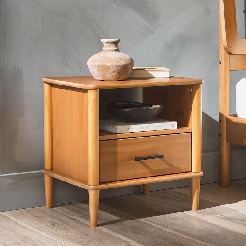 Classic Wooden Nightstand, Sofa Side Table with 1 Drawer, Decorative Table with Open Partition and Solid Wood Legs