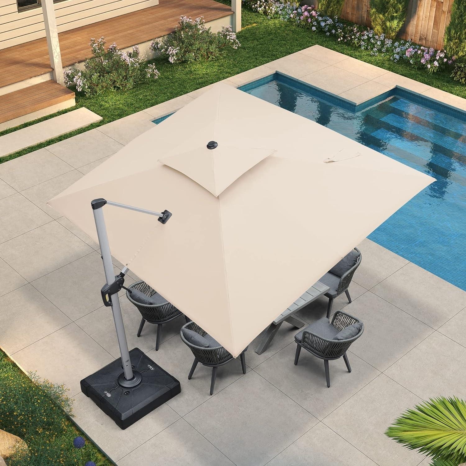 large rectangular cantilever patio umbrella HOMREST 10x13ft with 360° Rotation & 6 Adjustable Heights, Outdoor Umbrella for Garden, Pool, Deck, Navy 【Sturdy Frame】 The top of the umbrella is supported by 8 heavy PURPLE LEAF Cantilever Patio Umbrella
