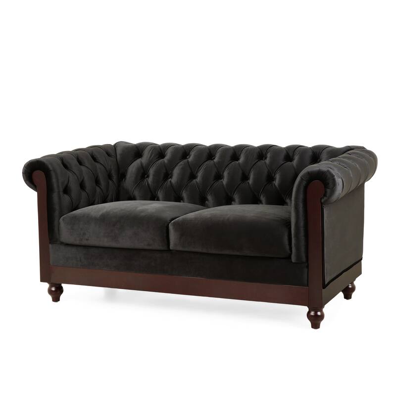 Vivalux 59.44" Chesterfield Velvet Loveseat Sofa, Black, Rolled Arms & Tufted Button, 2-Person Seating for Small Spaces