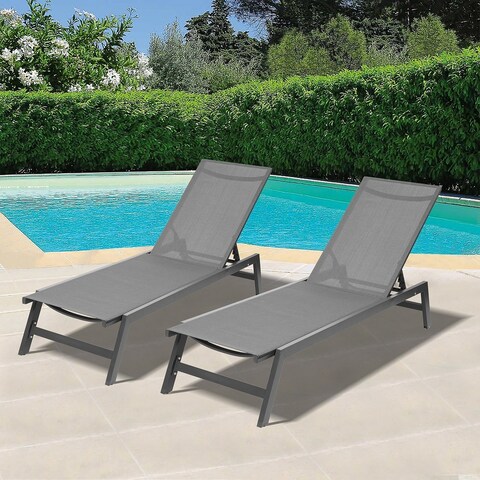 Outdoor 2-Pcs Set Lounge Chairs, Position Adjustable Aluminum Recliner