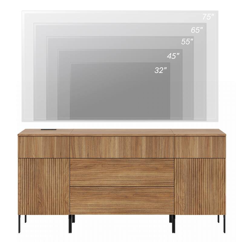 63" Modern Reeded Dresser TV Stand With Drawers, Entertainment Center With Charging Station