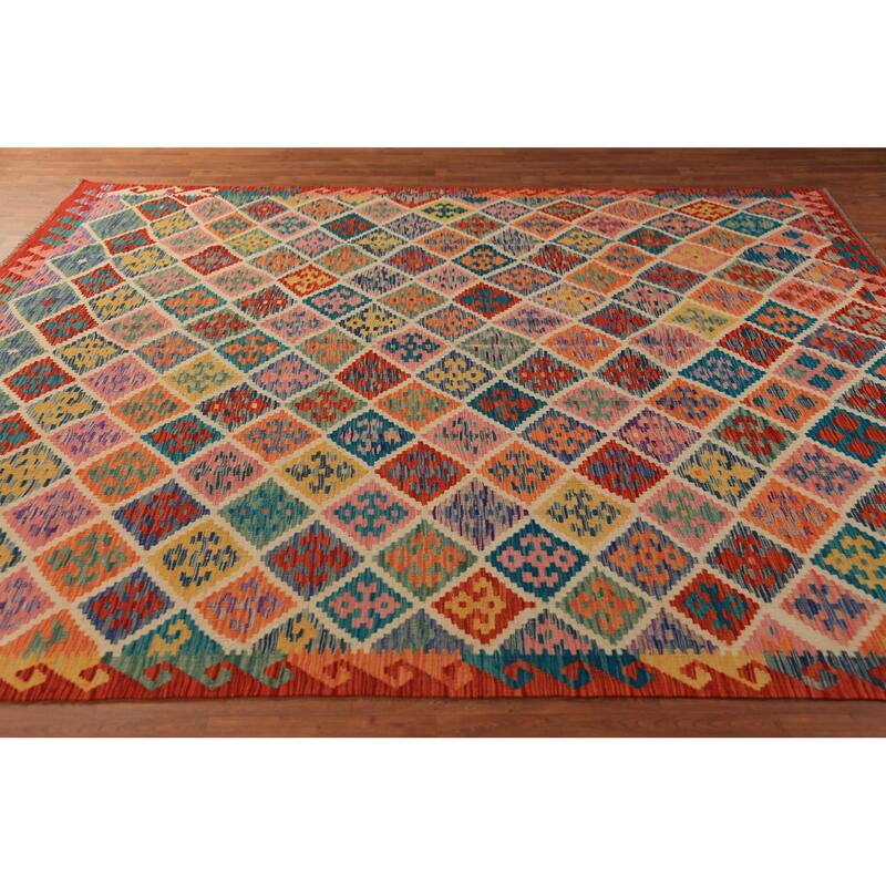Reversible Kilim Oriental Area Rug Flatweave Wool Carpet - 7'11" x 9'8"