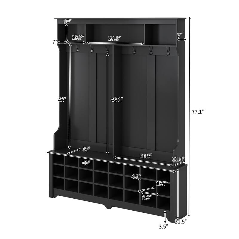 60" Wide Black Hall Tree with 24 Shoe Cubbies, Metal Black Hooks