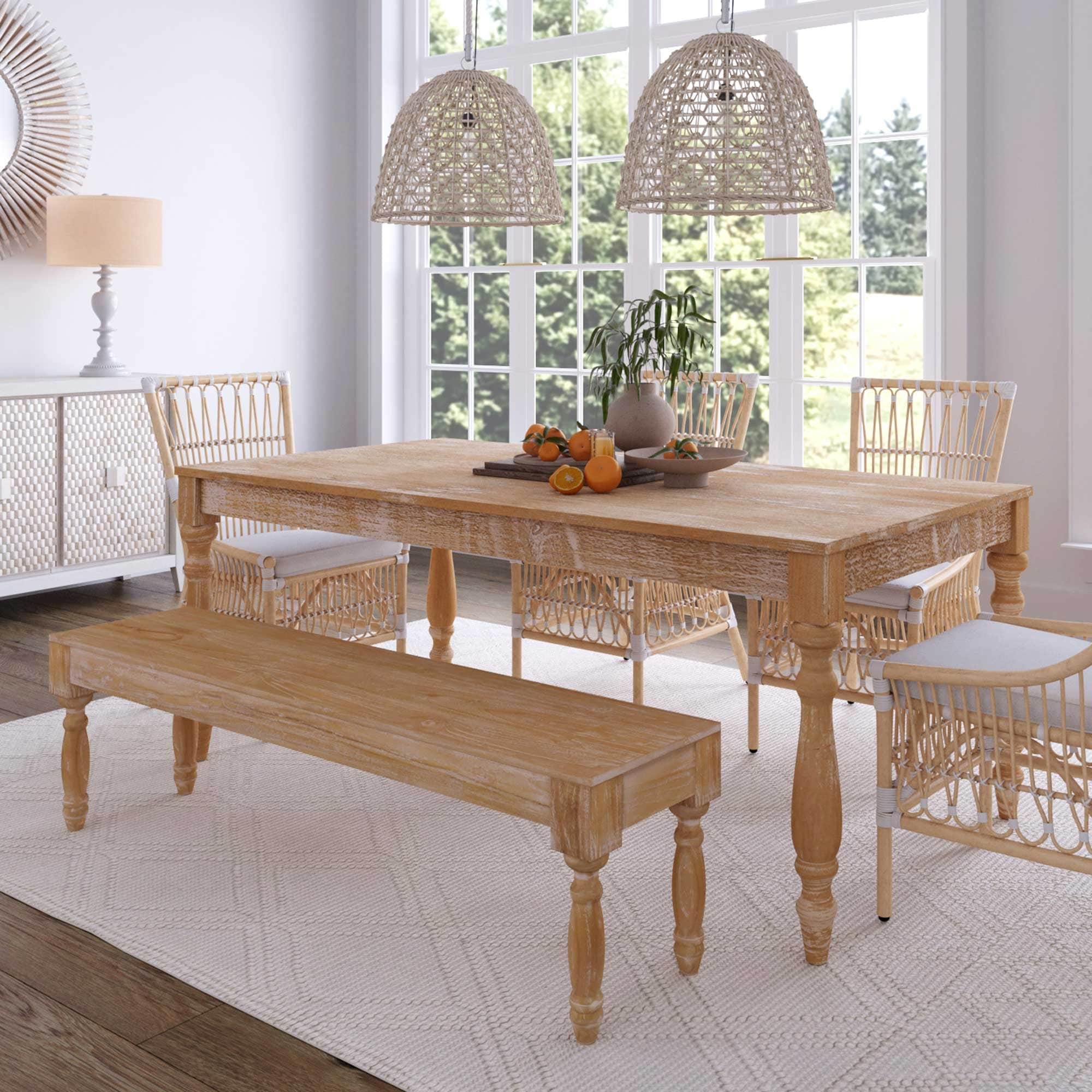 East at Main Distressed White Teak Dining Table with Turned Legs White Patina