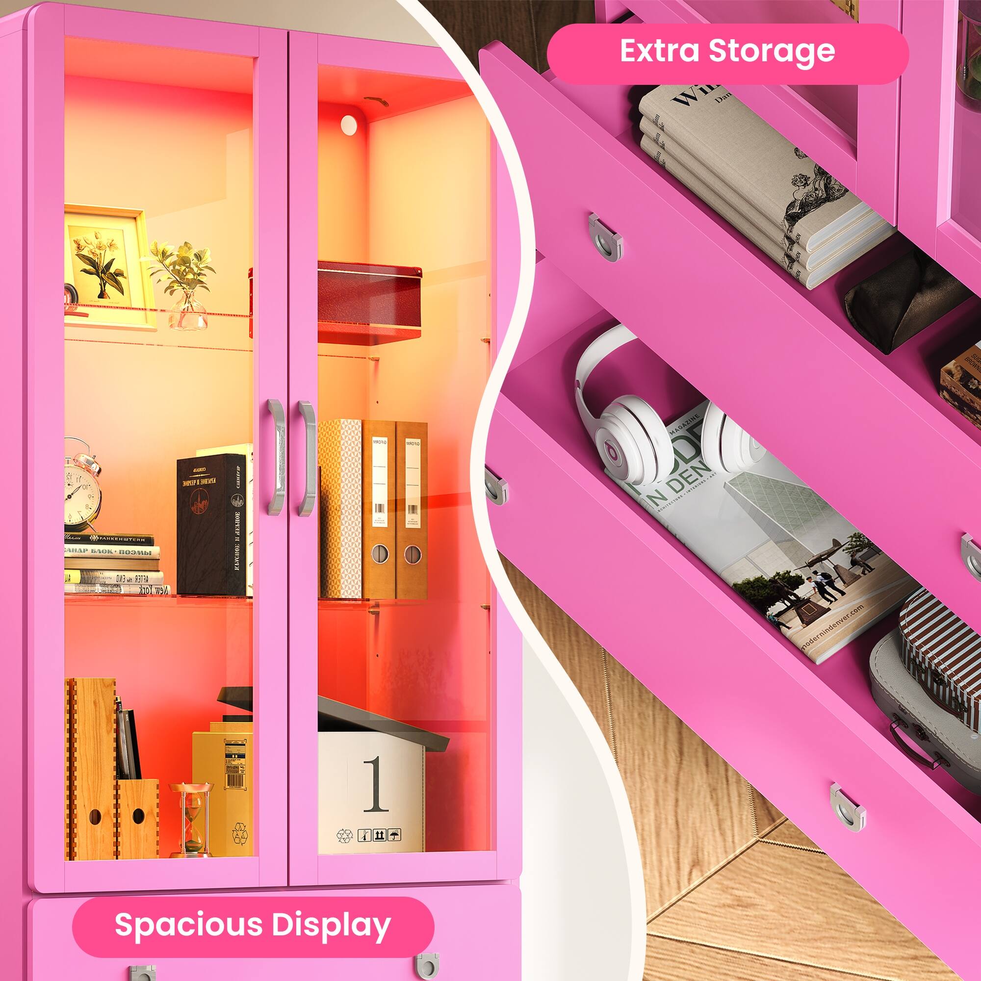 64'' Tall Display Cabinet with Acrylic Doors and LED Lights - N/A