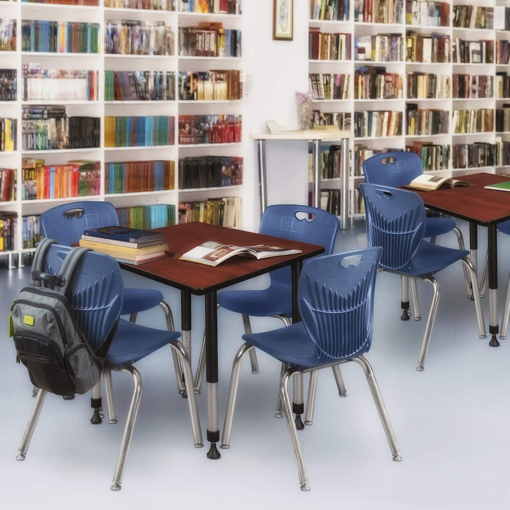 30 in. Square Height Adjustable Classroom Table - Cherry & 4 18-in Stack Chairs- Navy Blue
