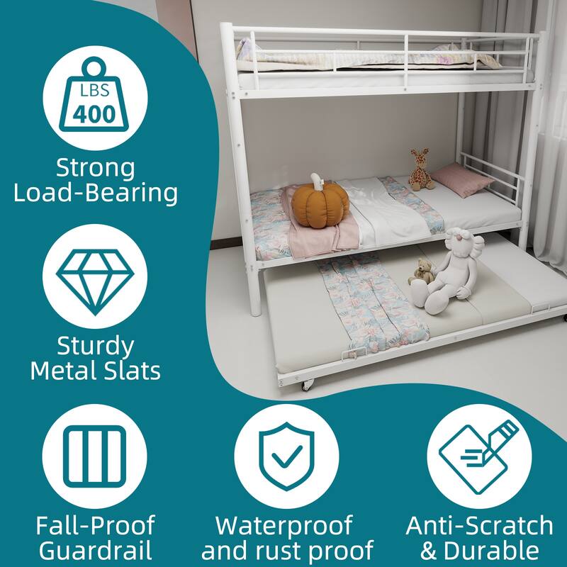 Metal Twin Over Twin Bunk Bed Frame with Ladders and Guardrail, Convertible to 2 Beds, Optional Trundle Bed