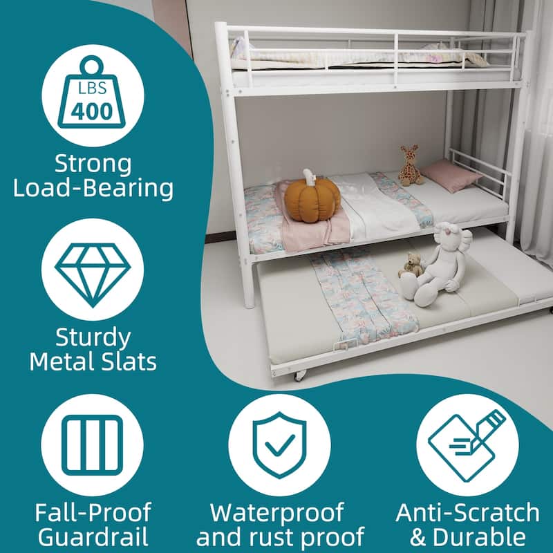 Roomfitters Heavy-duty Sturdy Metal Twin over Twin Bunk Bed with Trundle, Noise Reduced, Safety Guardrail, No Box Spring Needed