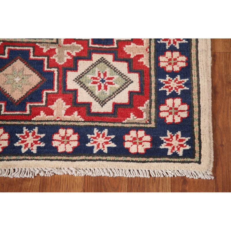 Ivory Geometric Kazak Area Rug Handmade Wool Carpet - 6'8" x 9'6"