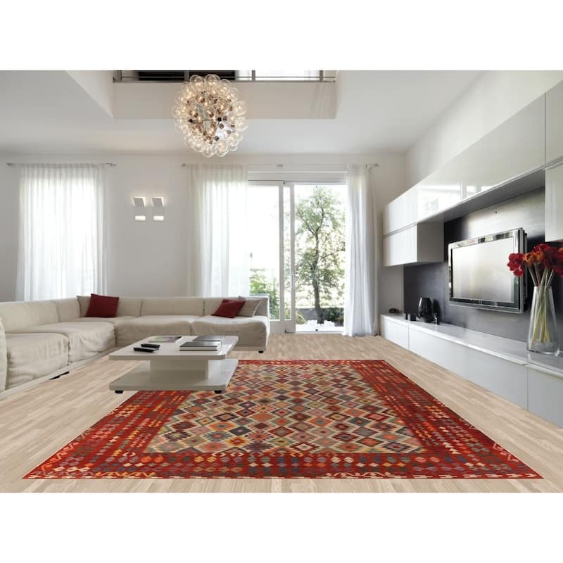 All-Over Geometric Kilim Oriental Large Rug Hand-Woven Wool Carpet - 10'5"x 16'2"