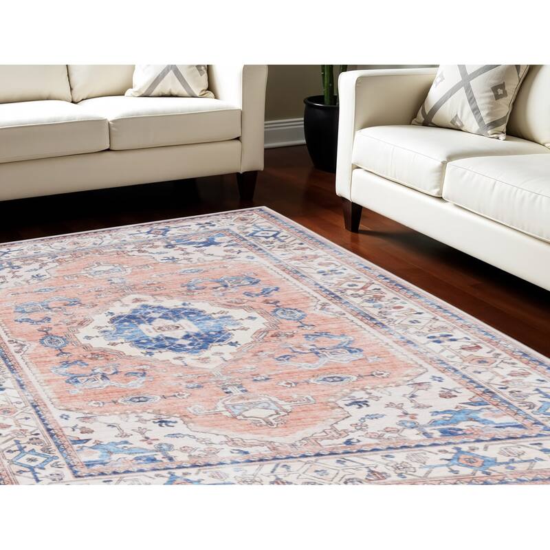 Power Loomed Distressed Floral Non Skid Stain Resistant Low Pile Area Rug - 118' X '94' X '0.25 - 118' X '94' X '0.25 - Coral - Rectangle