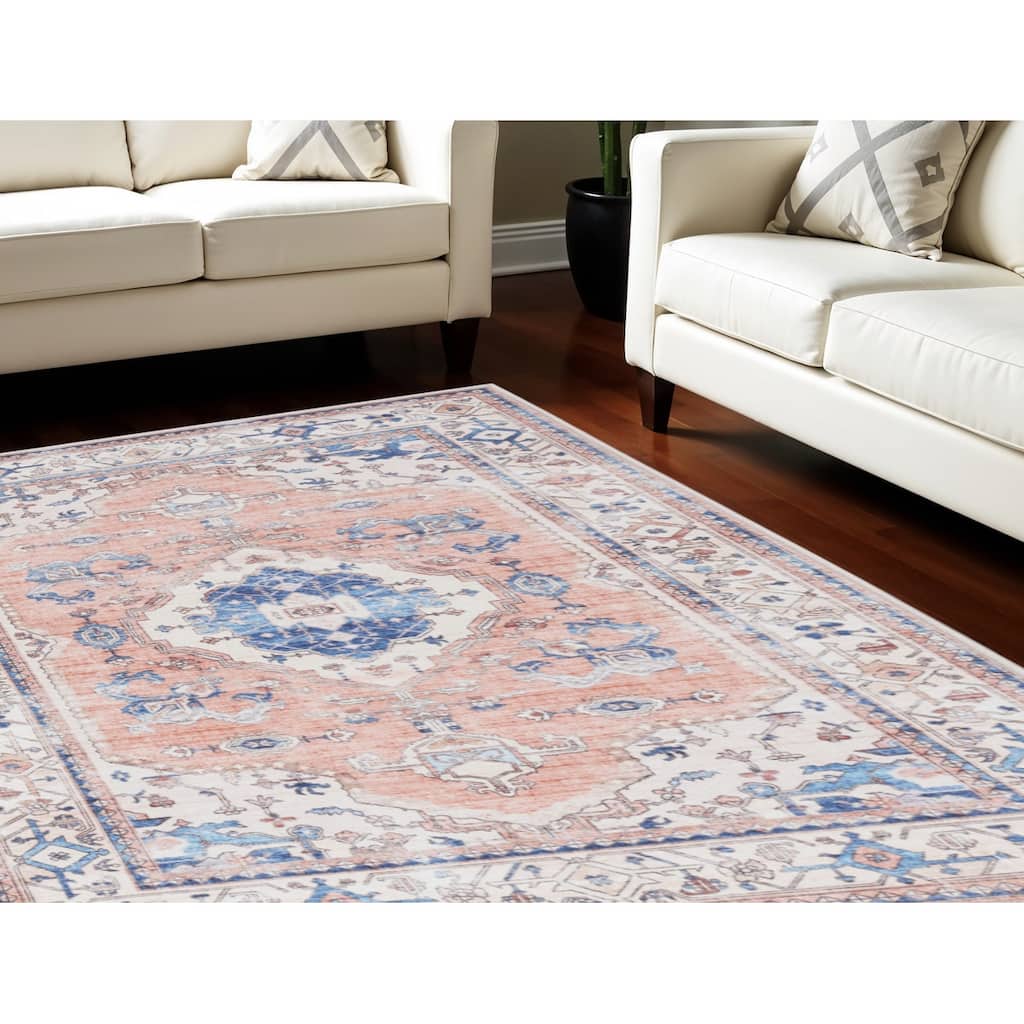 Power Loomed Distressed Floral Non Skid Stain Resistant Low Pile Area Rug - 118' X '94' X '0.25