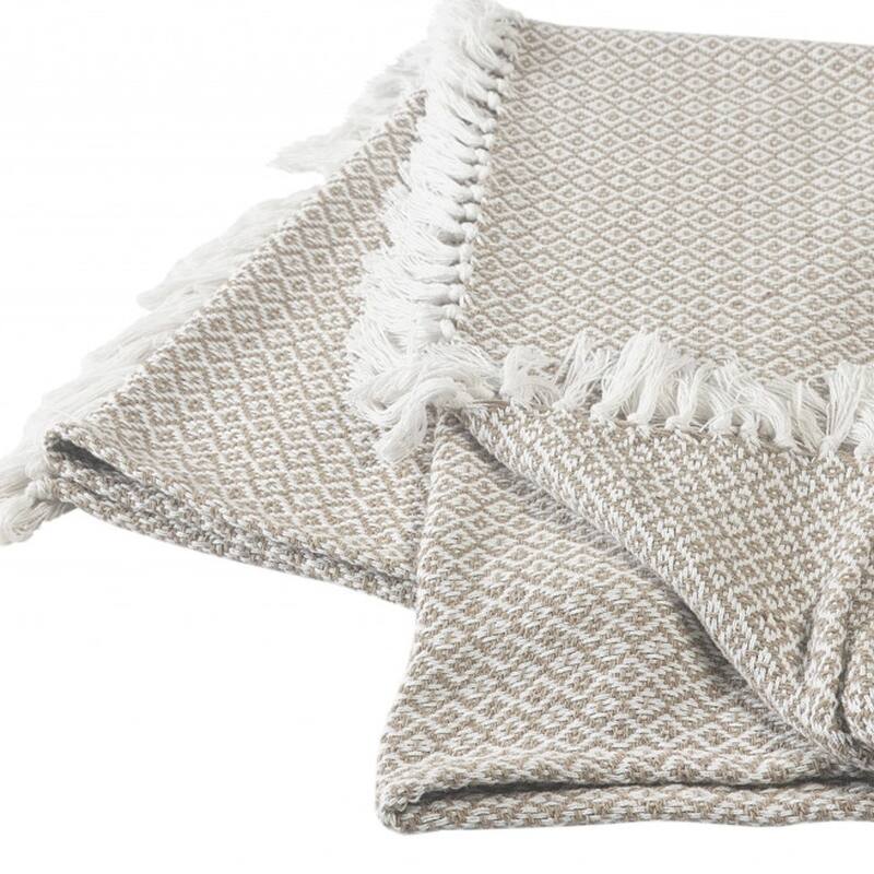 HomeRoots 50" X 60" Tan Woven Cotton Geometric Throw Blanket with Fringe