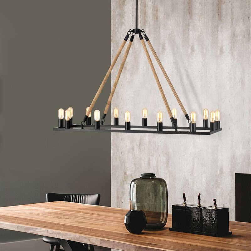 Brann Matte Black 14-Light Linear Kitchen Island Chandelier
