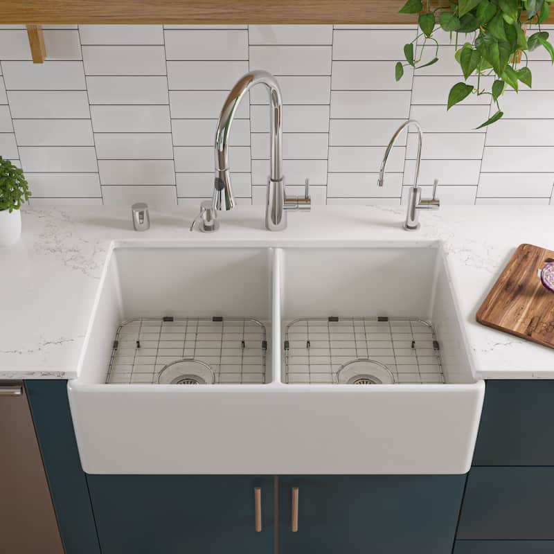 Alfi White Fireclay 32-inch Smooth Double Bowl Farmhouse Kitchen Sink