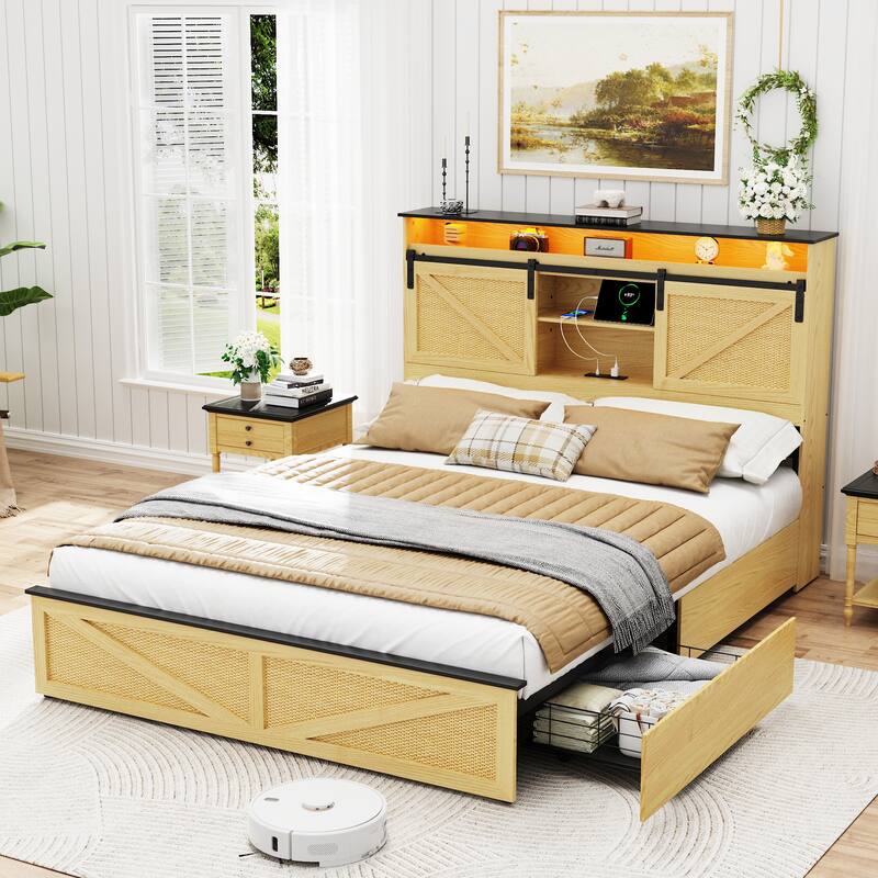 Farmhouse Queen Size Bed Frame with Storage Headboard and Drawers,Charging Station & LED Lights,Natural