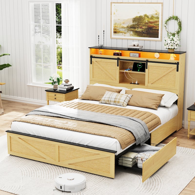 Full Size Farmhouse Bed Frame with Storage, Charging Station, LED Lights, and Drawers