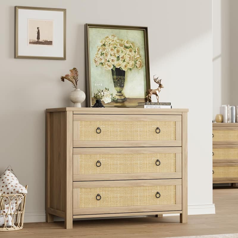Boho Wide Drawer Dresser with Storage, Wooden Closet Dressers Chest of Drawers Freestanding for Bedroom - Natural - 3-drawer