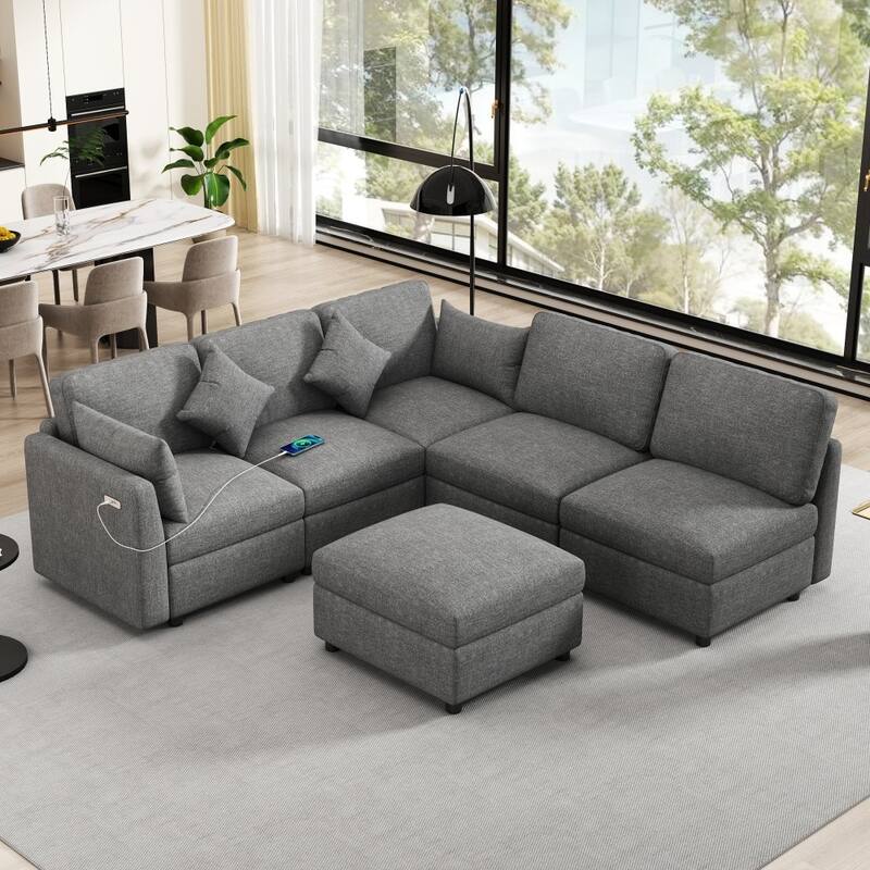 85.4" Modern U-shaped Chenille Modular Sectional Sofa with Movable Ottoman and Two USB Ports - Grey 
