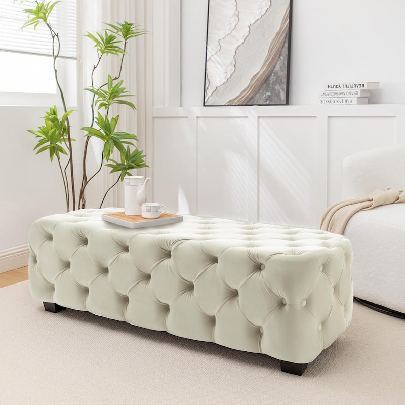 Porthos Home Kyle Velvet Ottoman Bench with Rubberwood Legs