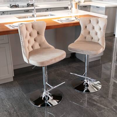Upholstered Chrome base Bar Stools Backs Adjustable Swivel Side Chair (Set of 2)