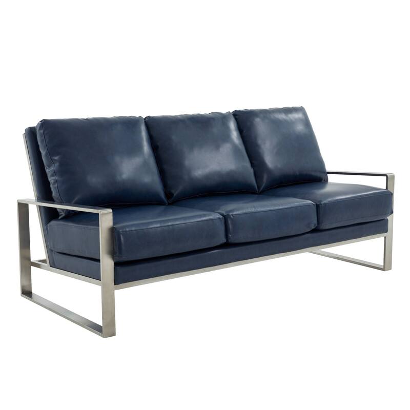 Leisuremod Jefferson Modern Design Faux Leather Sofa With Silver Frame - 77.1 - Navy Blue