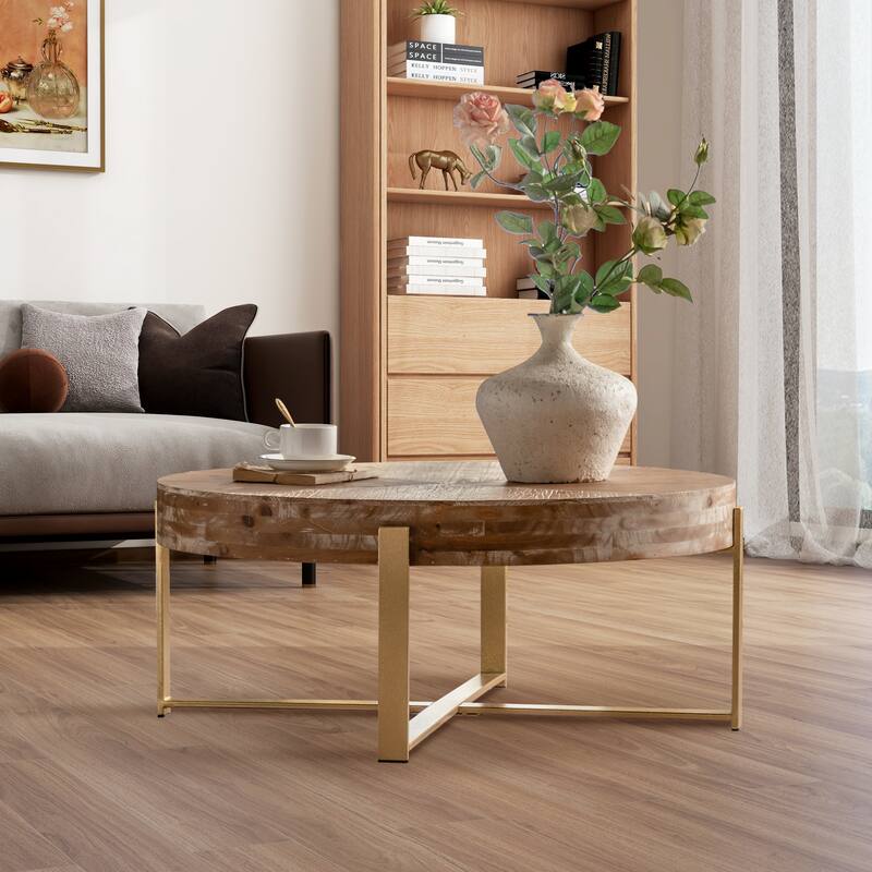 31"W Round Coffee Table With Fir Wood Table Top and Metal Frame End Table