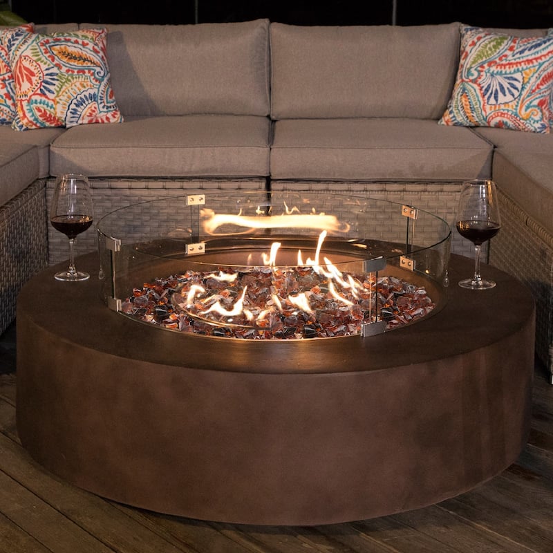 SUNBURY 42''Round Propane Fire Pit w Wind Guard and Fire Glass