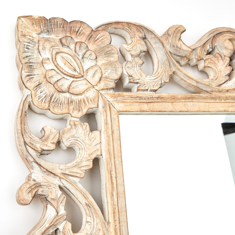 Light Brown Mango Wood Intricately Carved Floral Room Wall Mirror