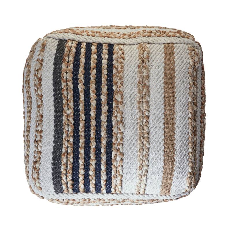 18" Brown and White Striped Jute Square Pouf Ottoman