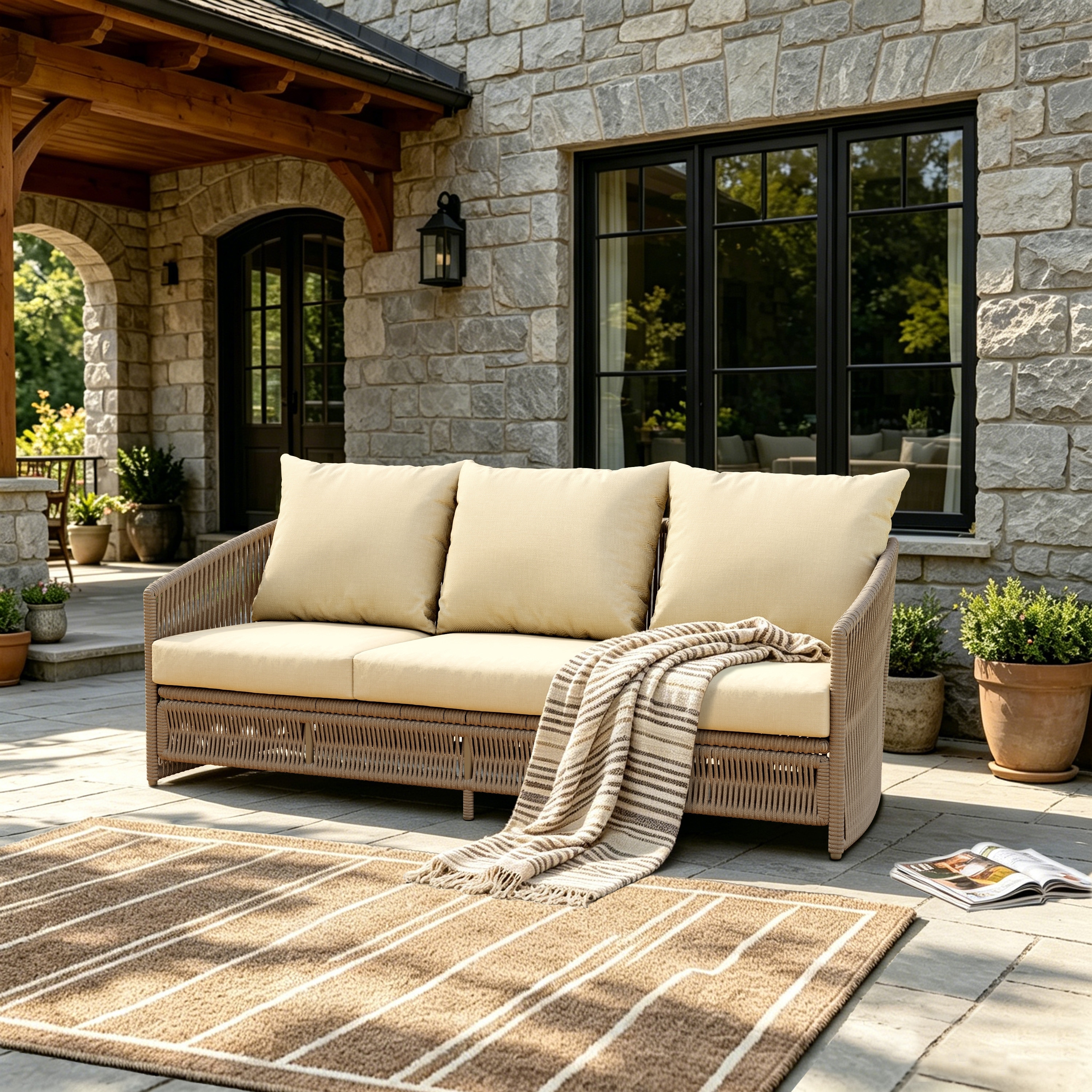 3-Seater Rope Woven Metal Outdoor Sofa With Cushions
