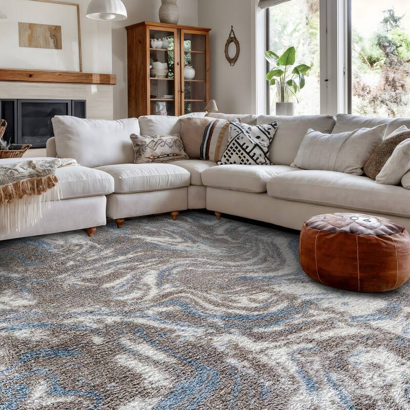 Abstract Marble Shag Rug - Anthracite Dark Gray - Plush Medium Pile, Durable with Jute Backing