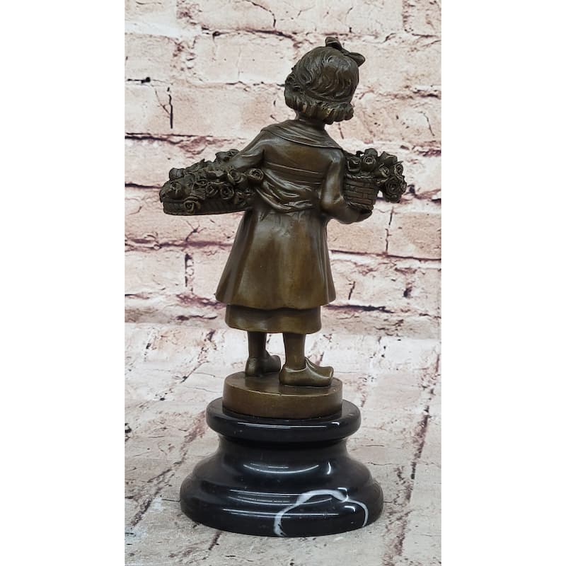 Young Girl Carrying Flower Basket - Bronze Sculpture By Daste