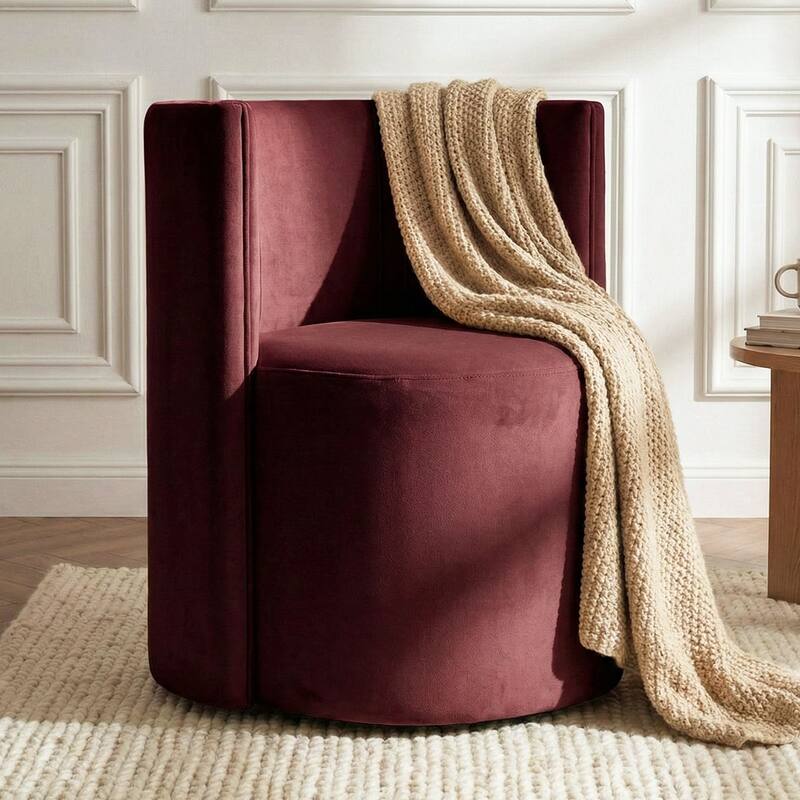 Velvet Swivel Dining Chairs with Rolling Casters, Upholstered Barrel Back Dining ArmChairs - Single - Burgundy-1-piece