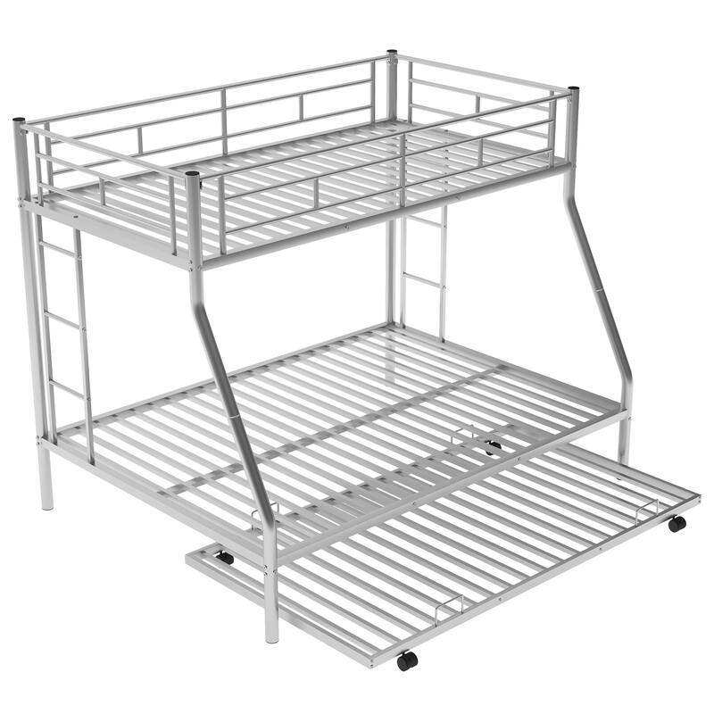 Bed with Sturdy Steel Frame, Bunk Bed with Trundle, Two-Side Ladders