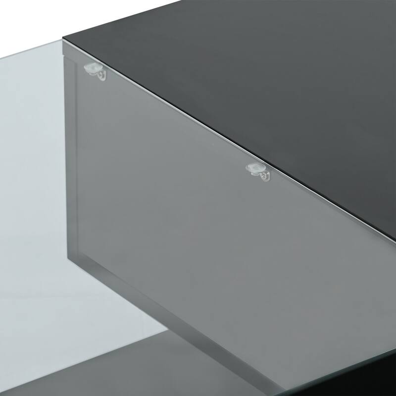 Contemporary Coffee Table with Tempered Glass & Wooden Base, 2-Tier Design, High Gloss UV Surface for Living Room, Black