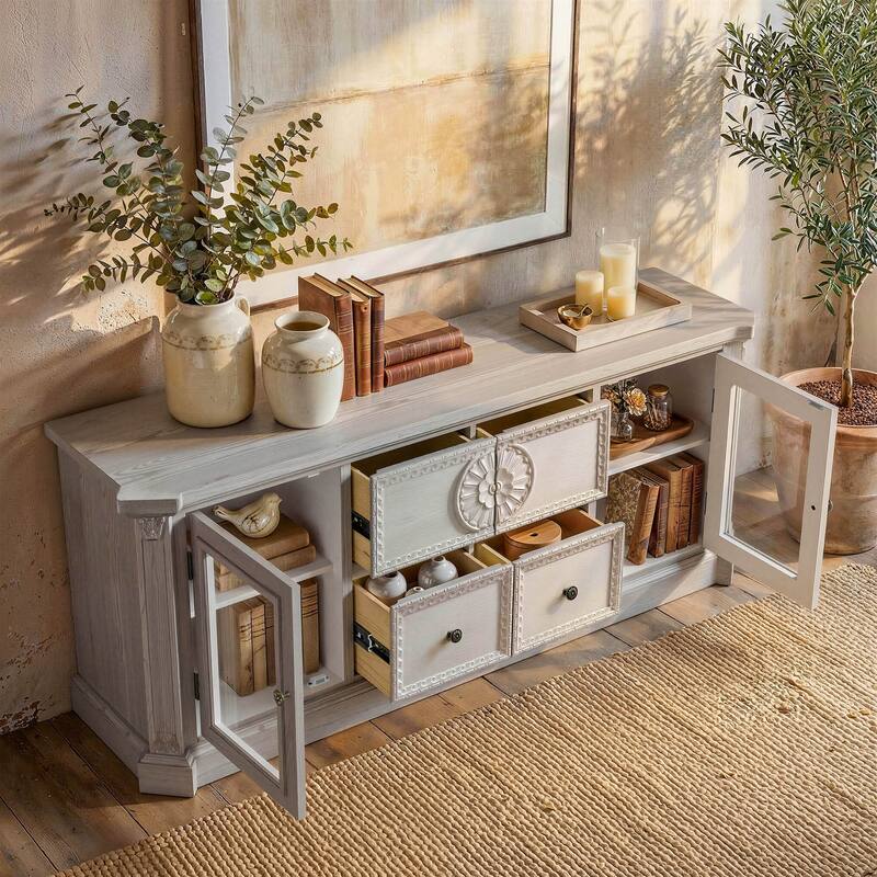 Farmhouse TV Stand with Storage, Solid Wood Media Console Cabinet for Living Room, Fully Assembled
