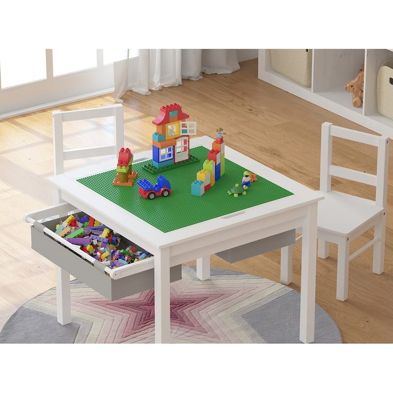 UTEX-2 in 1 Kids Activity Lego Table Set with Storage, Kids Table with 2 Chairs, White with Gray Drawer