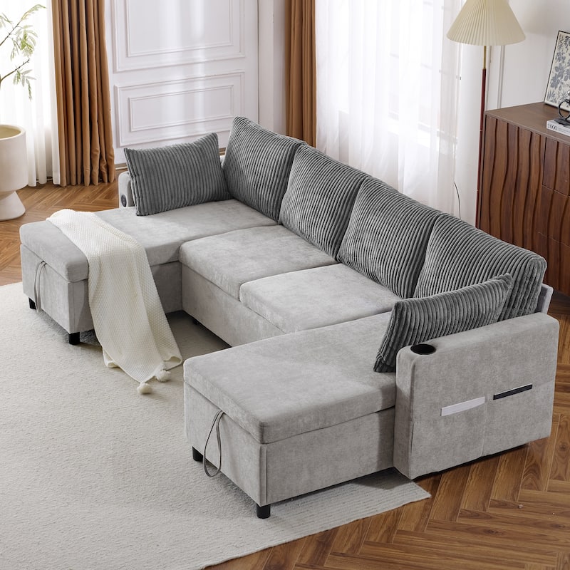 Chenille Sectional Sofa Convertible Sleeper Sofa, U Shaped Couch Sofa with 2 Storage Chaise Lounges and 2 Pillows