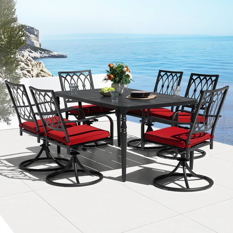Metal Patio Dining Set with Umbrella Hole, Swivel Chairs with Cushions