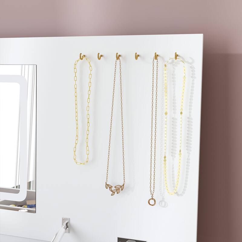 Vanity Desk with Flip Top LED Lighted Mirror & Power Outlet, Makeup Vanity Table with 2 Drawers, Open Storage & Jewelry Hooks