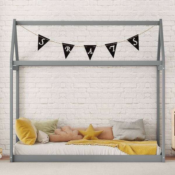 slide 2 of 9, Twin Size Wood House Floor Bed, Wooden Montessori Bed Frame with Roof, Playhouse Twin Bed Frame for Kids, Teens, Boys or Girls Gray - Twin